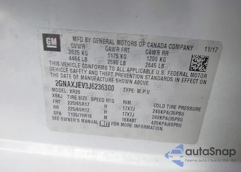 2018 Chevrolet Equinox Lt z USA, uszkodzony, nr VIN 2GNAXJEV3J6236300